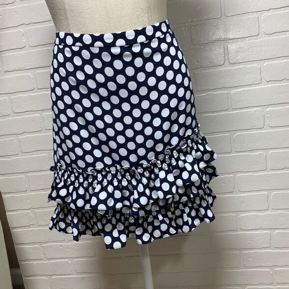 NWT J Crew Polka Dot Navy Ruffle Skirt Size 14 (1001)